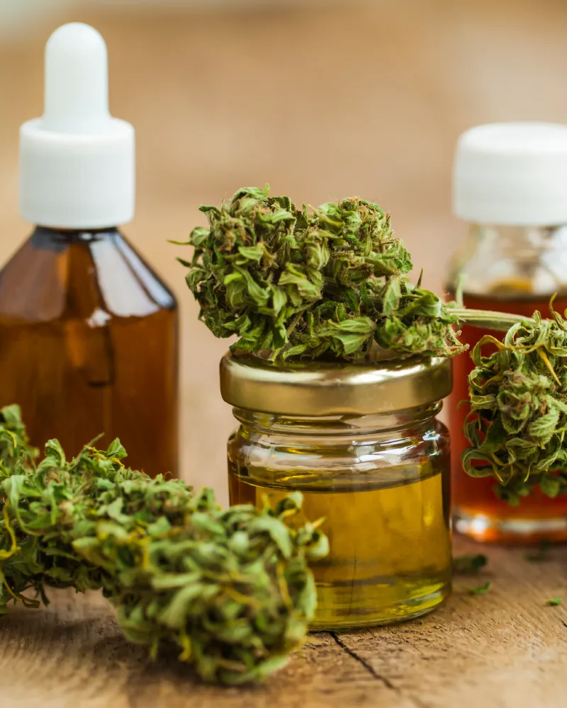 Fleurs de cannabis et huile en flacons